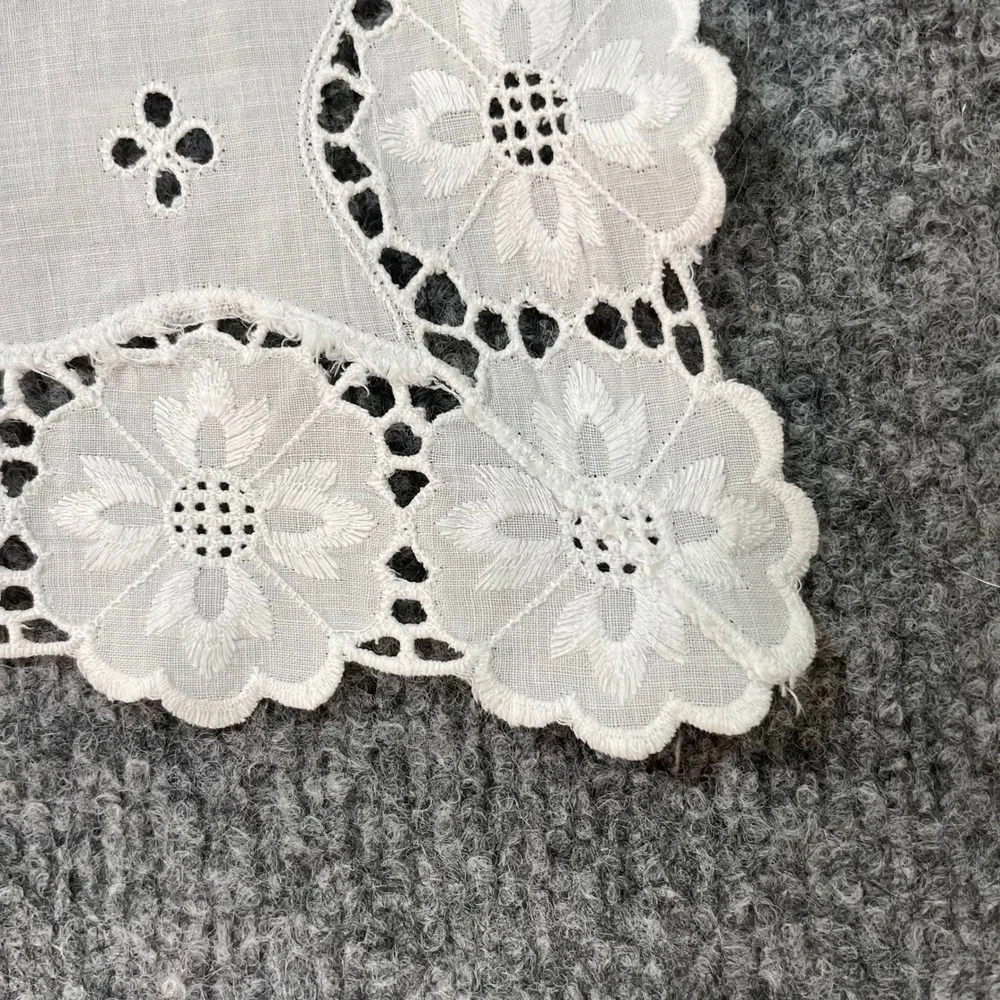 Antique Table Runner 41x13.5 White Floral Eyelet Scalloped Lace Vintage Doilies
